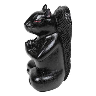 Alternate image for Handcrafted Black Suar Wood Squirrel Statuette from Bali Prudent Apprentice at Night