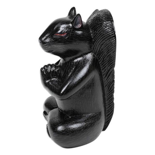 Alternate image for Handcrafted Black Suar Wood Squirrel Statuette from Bali Prudent Apprentice at Night