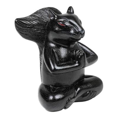 Alternate image for Handcrafted Black Suar Wood Squirrel Statuette from Bali Prudent Apprentice at Night