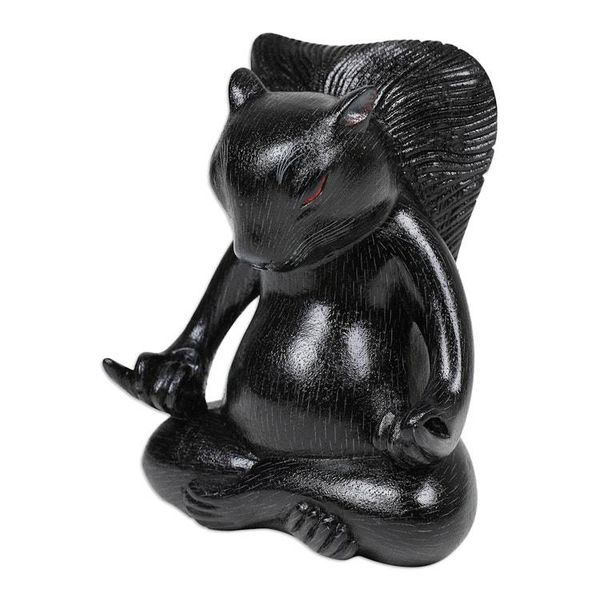 Alternate image for Hand-Carved Black Suar Wood Squirrel Statuette from Bali Prudent Master at Night