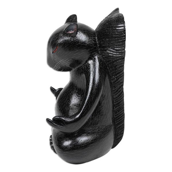 Alternate image for Hand-Carved Black Suar Wood Squirrel Statuette from Bali Prudent Master at Night