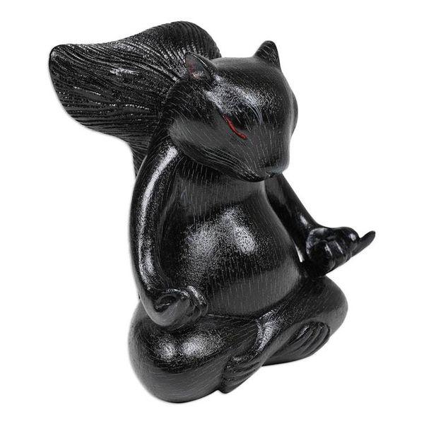 Alternate image for Hand-Carved Black Suar Wood Squirrel Statuette from Bali Prudent Master at Night