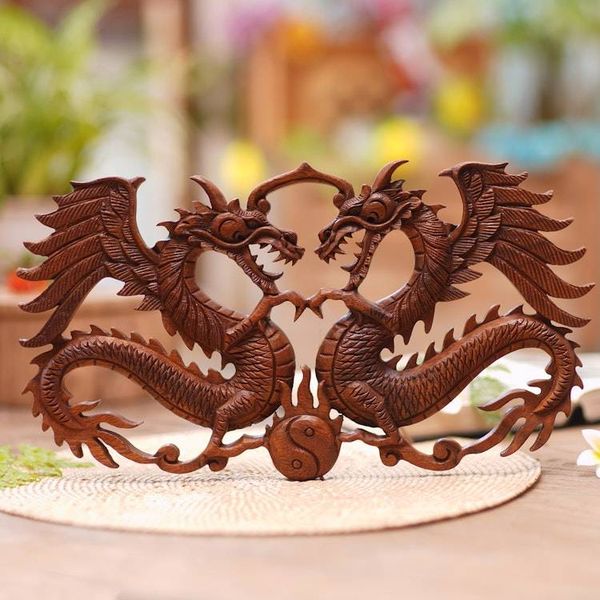 Alternate image for Hand Carved Dragon Duo Wood Wall Relief Panel from Indonesia Bestial Balance