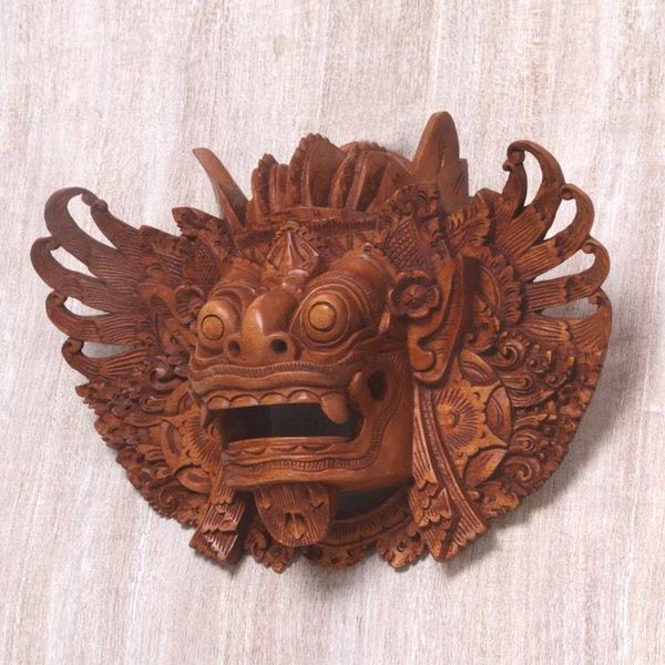 Alternate image for Hand Carved Wood Barong Mask Lion Wall Sculpture Lion Guardian Barong