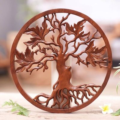 Alternate image for Hand-Carved Suar Wood Relief Panel of Leafy Tree from Bali Celestial Tree