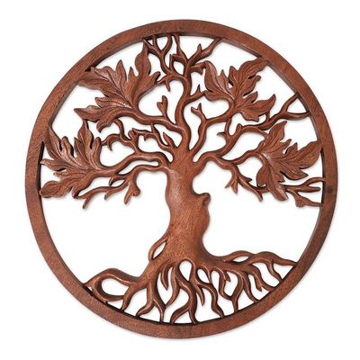 Alternate image for Hand-Carved Suar Wood Relief Panel of Leafy Tree from Bali Celestial Tree