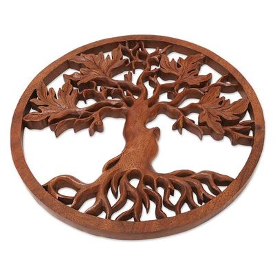 Alternate image for Hand-Carved Suar Wood Relief Panel of Leafy Tree from Bali Celestial Tree