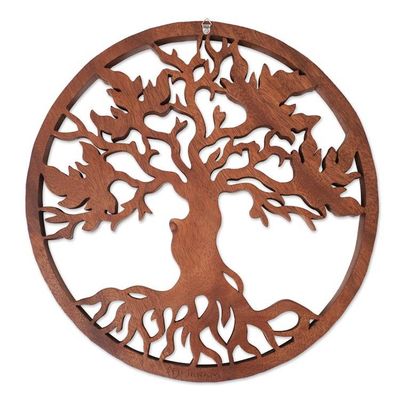 Alternate image for Hand-Carved Suar Wood Relief Panel of Leafy Tree from Bali Celestial Tree