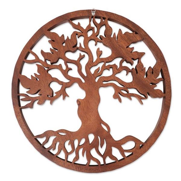 Alternate image for Hand-Carved Suar Wood Relief Panel of Leafy Tree from Bali Celestial Tree
