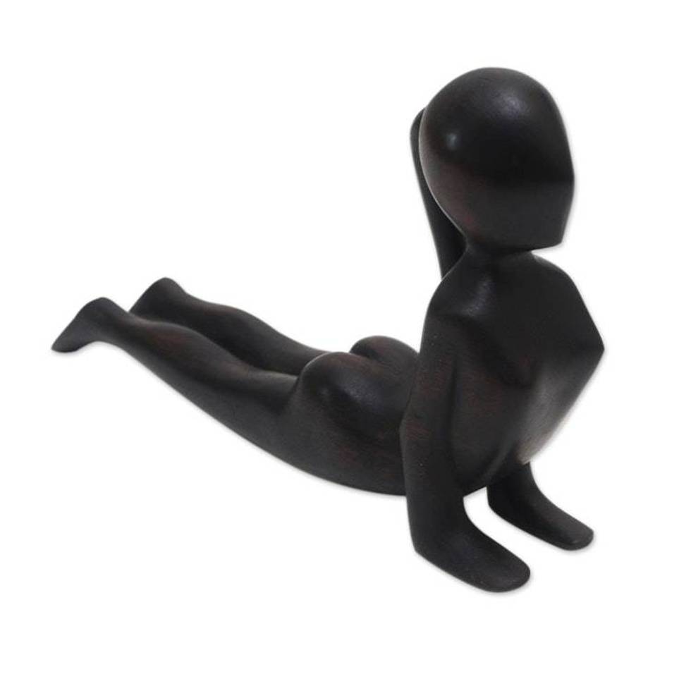 Signed Wood Statuette of Yoga Cobra Pose in Black 'Cobra Yoga'