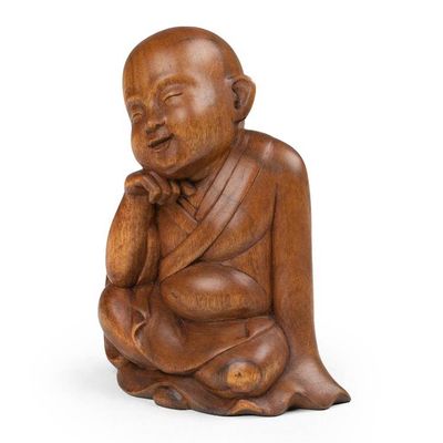 Alternate image for Polished Hand-Carved Suar Wood Buddha Sculpture from Bali Smiling Sage