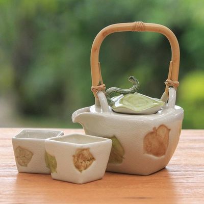 Primary image for Hand Crafted Stoneware Tea Service Set for 2 Hibiscus Leaves
