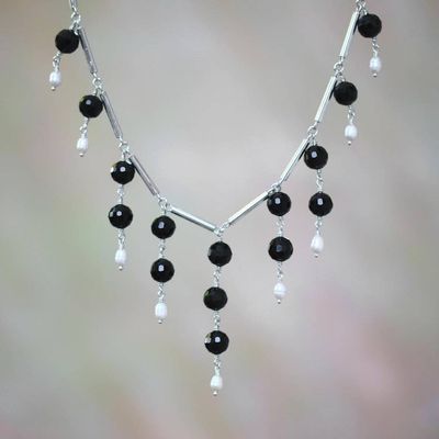 Primary image for Cultured Freshwater Pearl and Black Onyx Waterfall Necklace Eclipse Queen