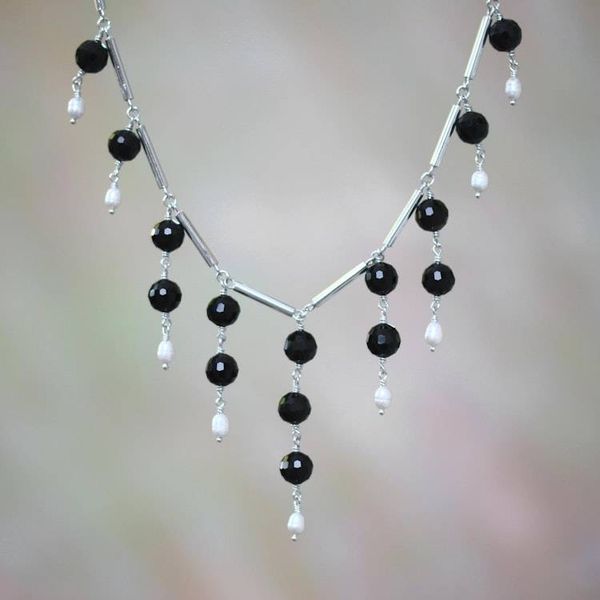 Alternate image for Cultured Freshwater Pearl and Black Onyx Waterfall Necklace Eclipse Queen