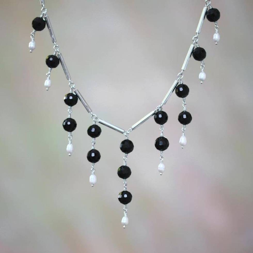 Cultured Freshwater Pearl and Black Onyx Waterfall Necklace 'Eclipse Queen'