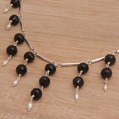 Alternate image for Cultured Freshwater Pearl and Black Onyx Waterfall Necklace Eclipse Queen