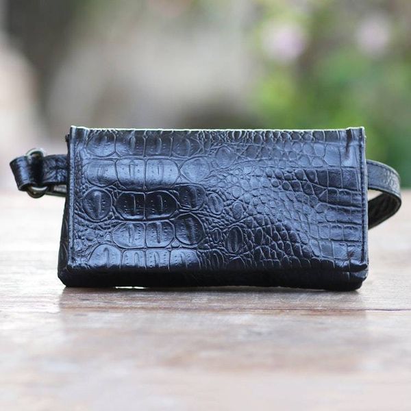 Alternate image for Hand Made Leather Crocodile Texture Waist Bag Cool Carrier in Black Croco