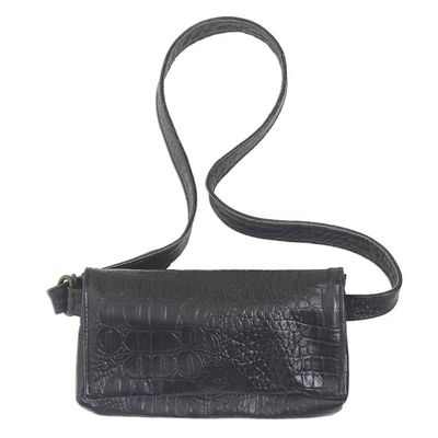 Alternate image for Hand Made Leather Crocodile Texture Waist Bag Cool Carrier in Black Croco