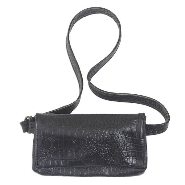 Alternate image for Hand Made Leather Crocodile Texture Waist Bag Cool Carrier in Black Croco