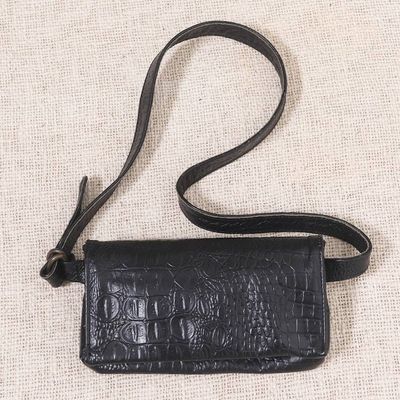 Alternate image for Hand Made Leather Crocodile Texture Waist Bag Cool Carrier in Black Croco