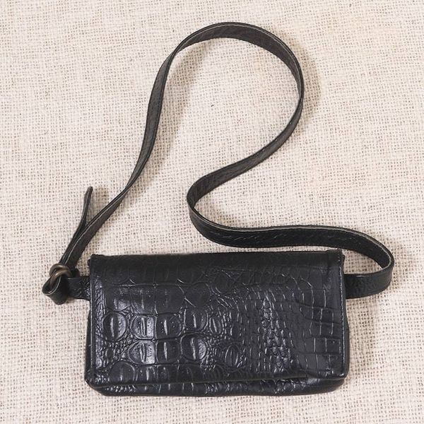 Alternate image for Hand Made Leather Crocodile Texture Waist Bag Cool Carrier in Black Croco