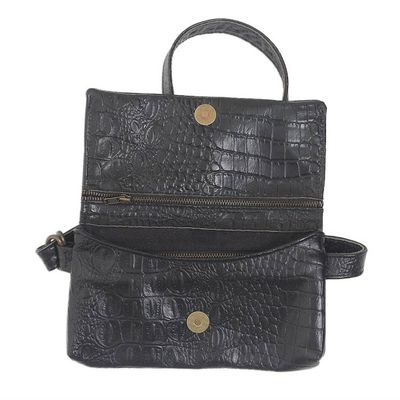 Alternate image for Hand Made Leather Crocodile Texture Waist Bag Cool Carrier in Black Croco