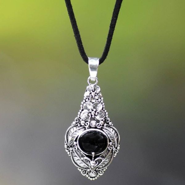 Alternate image for Floral Sterling Silver and Onyx Necklace Midnight Garden