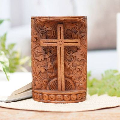 Alternate image for Suar Wood Hand Carved Cross with Floral Background Fern Cross