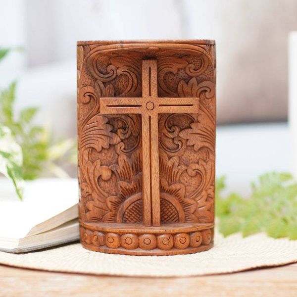Alternate image for Suar Wood Hand Carved Cross with Floral Background Fern Cross