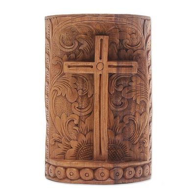 Alternate image for Suar Wood Hand Carved Cross with Floral Background Fern Cross