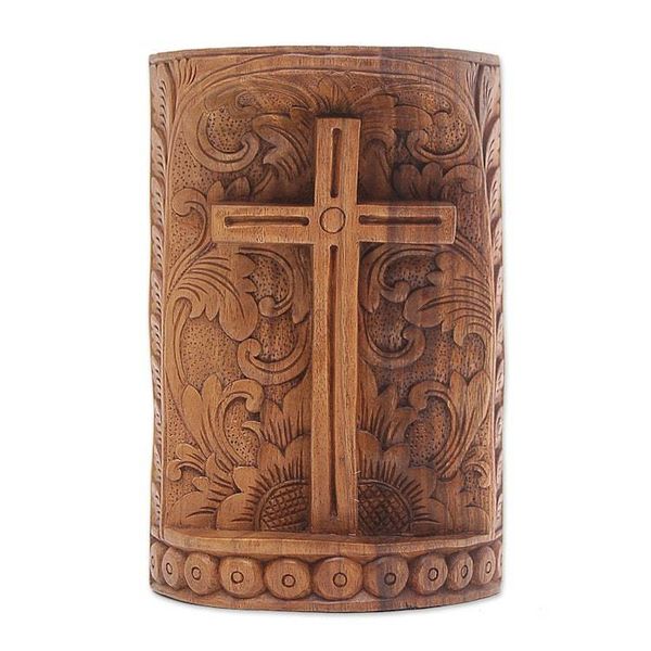 Alternate image for Suar Wood Hand Carved Cross with Floral Background Fern Cross