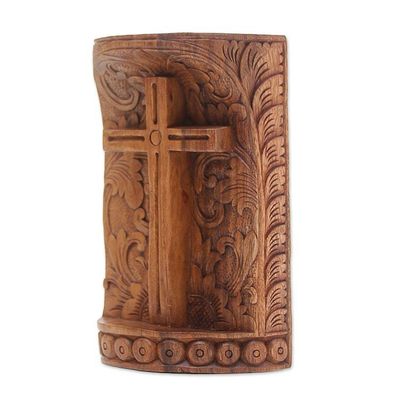 Alternate image for Suar Wood Hand Carved Cross with Floral Background Fern Cross