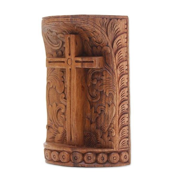 Alternate image for Suar Wood Hand Carved Cross with Floral Background Fern Cross