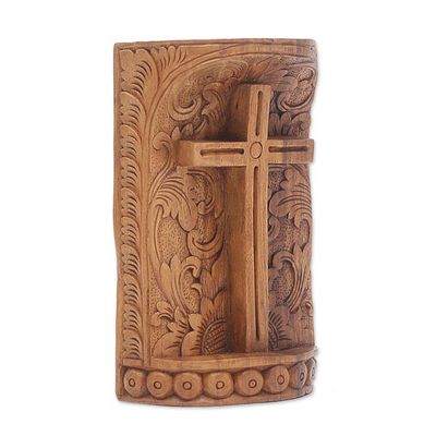 Alternate image for Suar Wood Hand Carved Cross with Floral Background Fern Cross