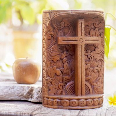 Alternate image for Suar Wood Hand Carved Cross with Floral Background Fern Cross