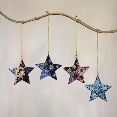 Primary image for Four Batik Wood Star Ornaments by Balinese Artisans Bali Stars