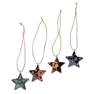Alternate image for Four Batik Wood Star Ornaments by Balinese Artisans Bali Stars