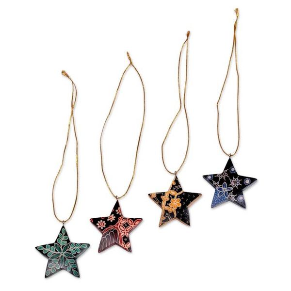 Alternate image for Four Batik Wood Star Ornaments by Balinese Artisans Bali Stars