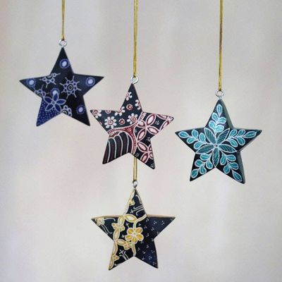 Alternate image for Four Batik Wood Star Ornaments by Balinese Artisans Bali Stars