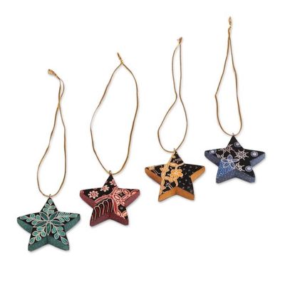 Alternate image for Four Batik Wood Star Ornaments by Balinese Artisans Bali Stars