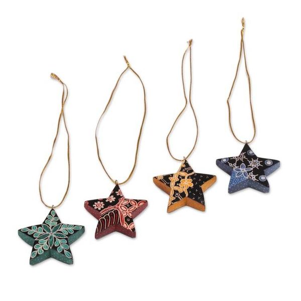 Alternate image for Four Batik Wood Star Ornaments by Balinese Artisans Bali Stars