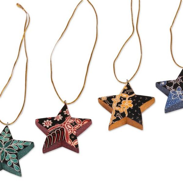Alternate image for Four Batik Wood Star Ornaments by Balinese Artisans Bali Stars