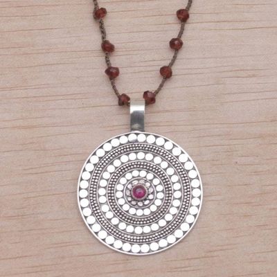 Primary image for Handmade 925 Sterling Silver Rhodolite Cord Pendant Necklace Shining Shield in Brown