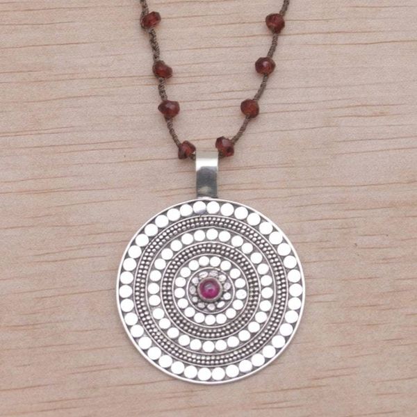 Alternate image for Handmade 925 Sterling Silver Rhodolite Cord Pendant Necklace Shining Shield in Brown