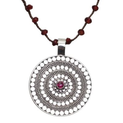 Alternate image for Handmade 925 Sterling Silver Rhodolite Cord Pendant Necklace Shining Shield in Brown