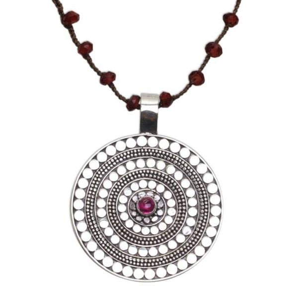 Alternate image for Handmade 925 Sterling Silver Rhodolite Cord Pendant Necklace Shining Shield in Brown