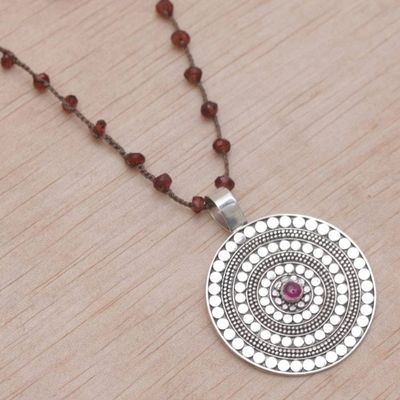 Alternate image for Handmade 925 Sterling Silver Rhodolite Cord Pendant Necklace Shining Shield in Brown