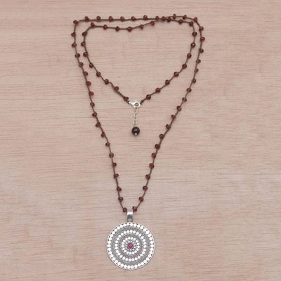 Alternate image for Handmade 925 Sterling Silver Rhodolite Cord Pendant Necklace Shining Shield in Brown