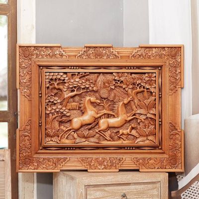 Alternate image for Hand Made Wood Relief Panel Racing Horses