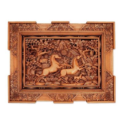 Alternate image for Hand Made Wood Relief Panel Racing Horses